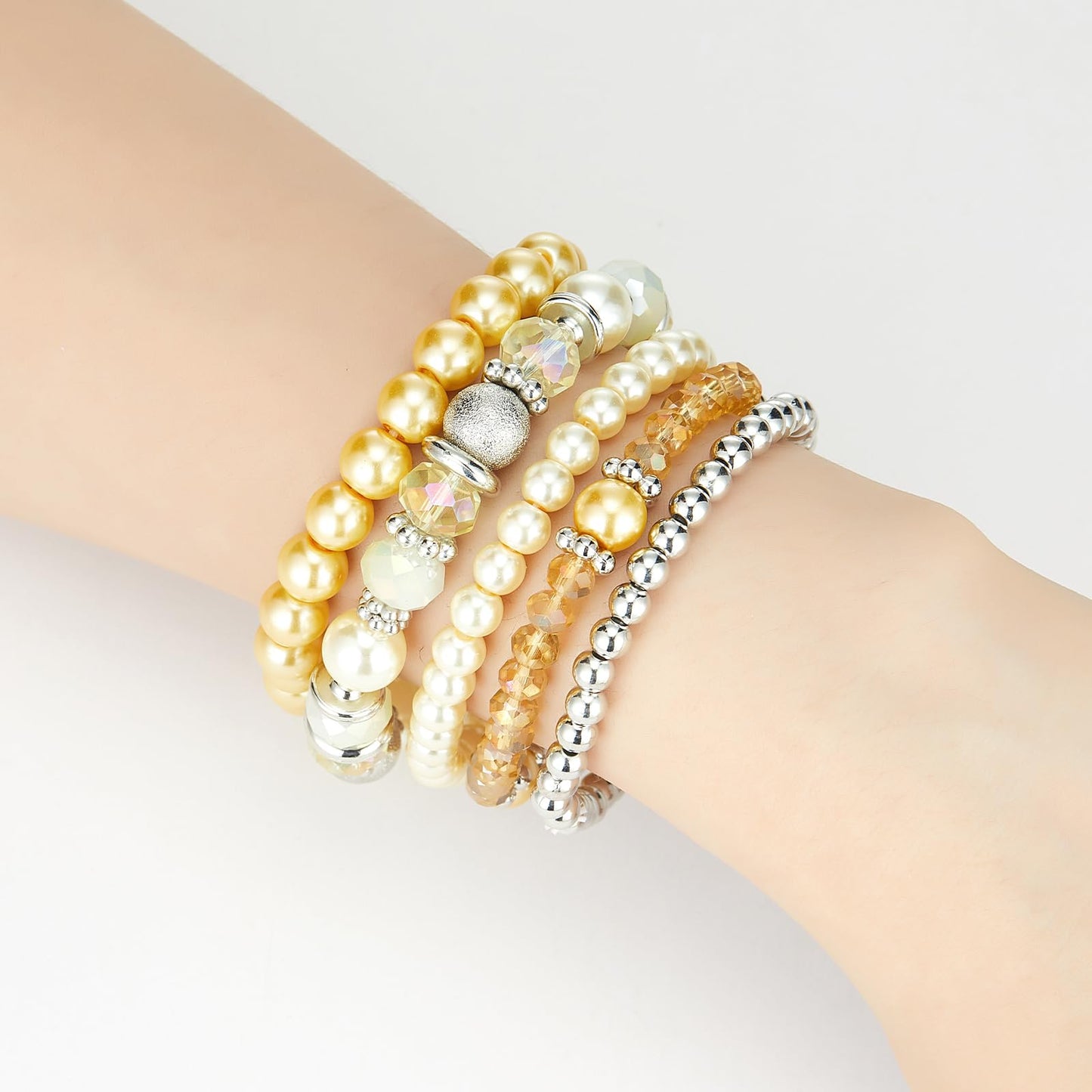Noessla Beaded Pearl Stretch Bracelet Silver Stackable Crystal Beads Bracelets Trendy Costume Jewelry Mothers Day Gifts for Women(Yellow)