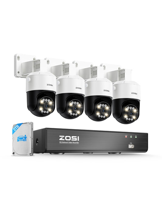 ZOSI 4K 8CH PoE Security Camera System, 4Pack PoE IP Cameras Outdoor with Person/Vehicle Detection, Color Night Vision, Auto Tracking, 2-Way Talk, Spotlight Alarm, 8CH NVR 2TB HDD for 24/7 Recording