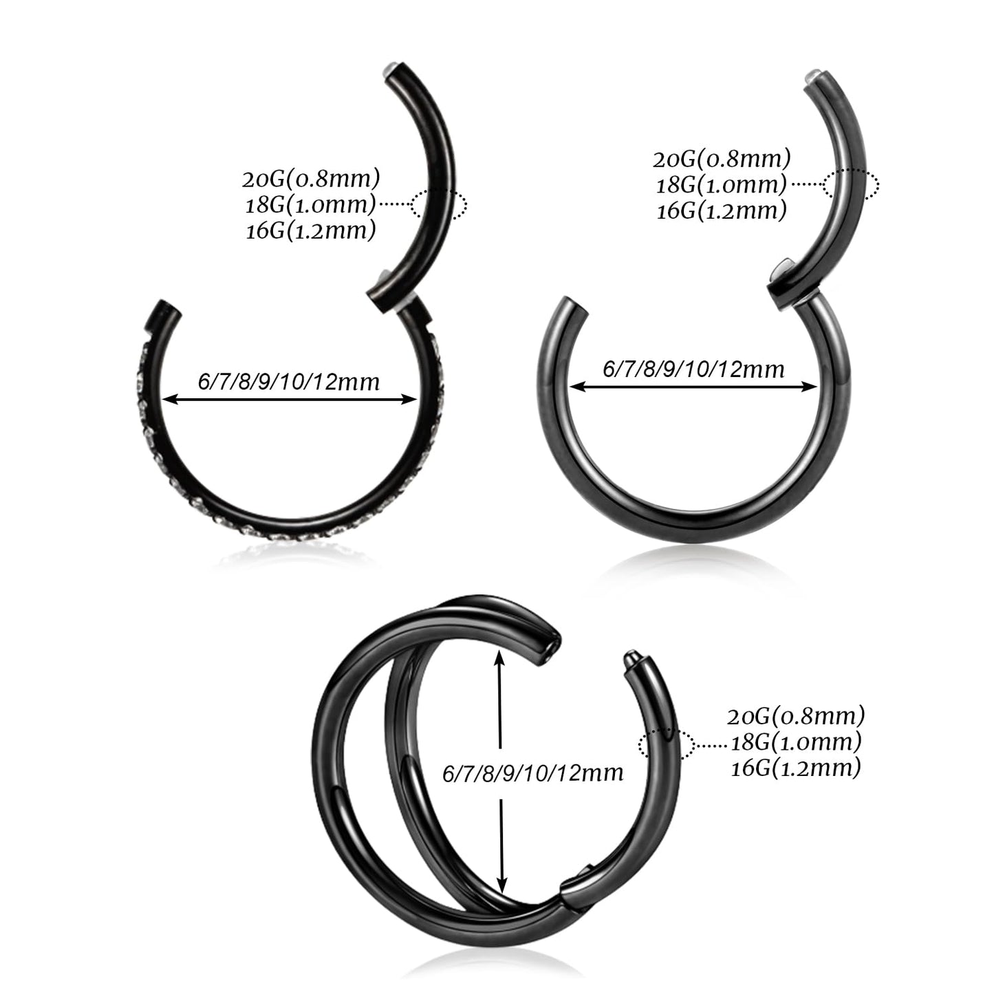 GAGABODY Conch Piercing Jewelry Nose Ring Hoop Earrings 18g Nose Hoop Black 8mm Septum Jewelry Surgical Steel Septum Ring with CZ Septum Clicker Lip Rings Helix Earring Double Hoop Cartilage Earring