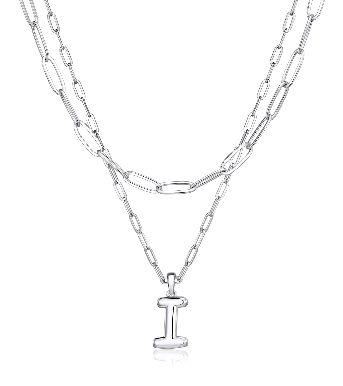 adoyi Silver Initial Necklace for Women 14k Gold Plated Layered Bubble Letter Necklaces Trendy Jewelry Chain Name I Pendant Necklace Stack Birthday Valentines Gifts