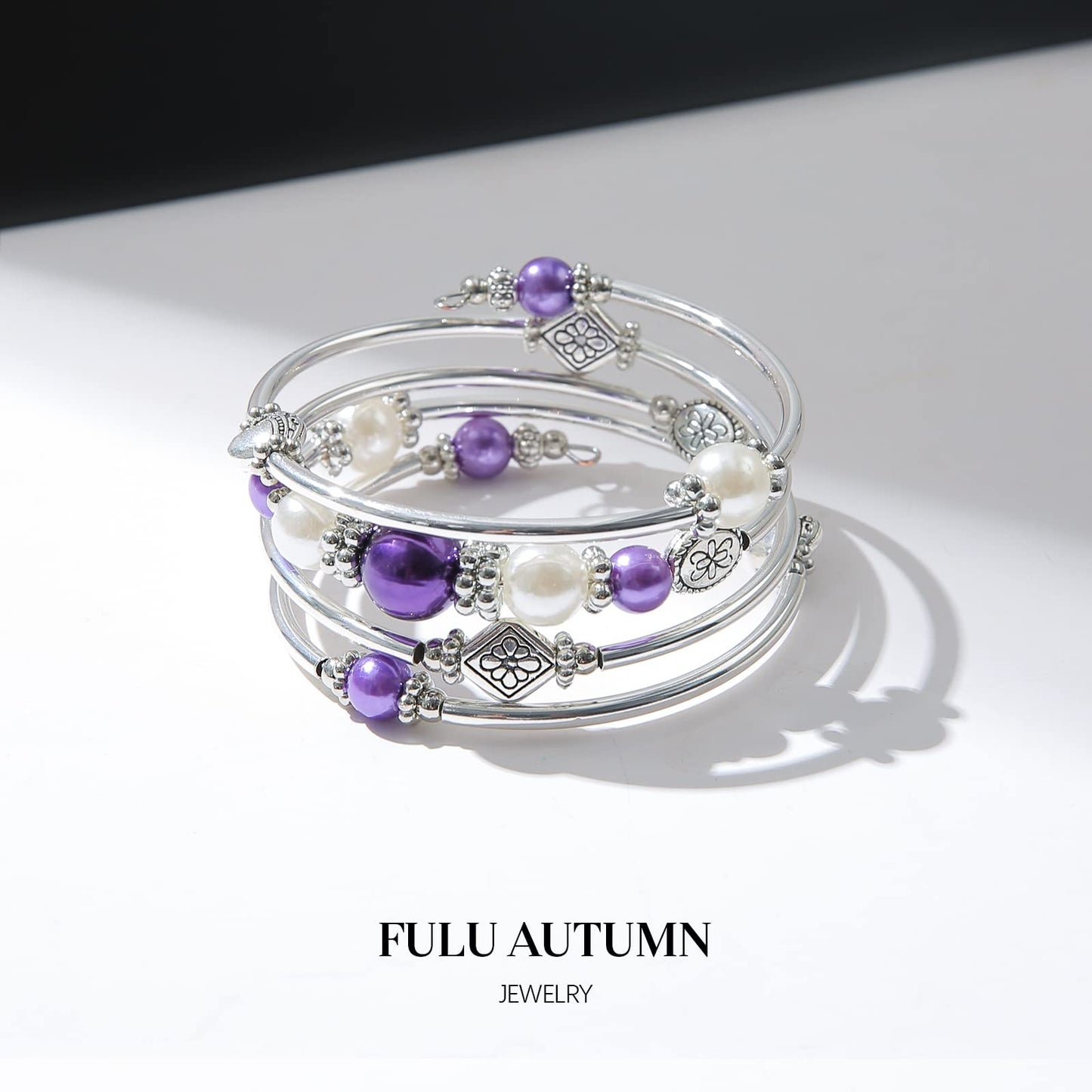 FULU AUTUMN Beaded Pearl Bangle Bracelets for Women Silver Wrap Bangles Bracelet Womens Costume Jewelry Fashion Gift(18-Purple)