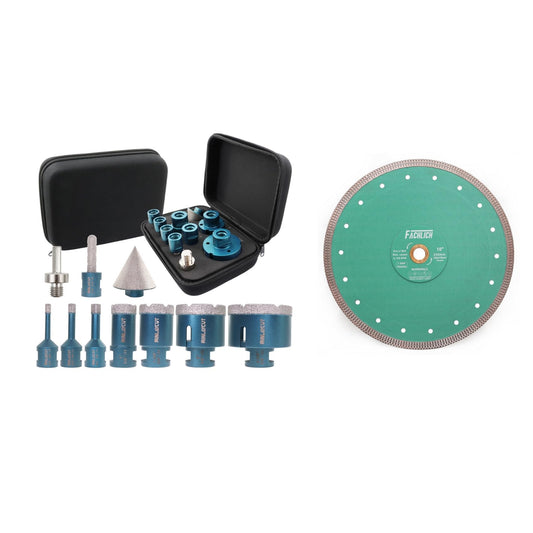 FACHLICH Diamond Porcelain Saw Blade 10" Tile Blade 250MM Dry Wet Ceramic Cutting Disc for Granite Marble Diamond Core Drill Bits Set Tile Hole Saw Kit 6-65mm for Porcelain Ceramic Tile Granite Marble