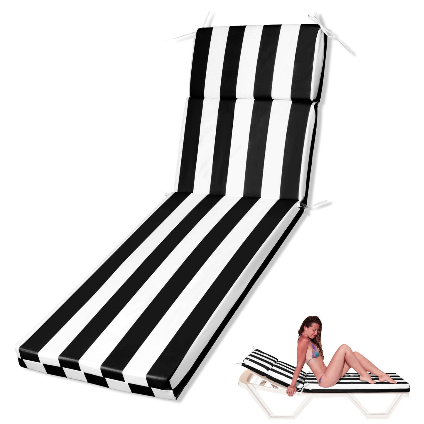 SmoothNovelty 1 Pcs Indoor Outdoor Chaise Lounge Cushions Sponge Bench Outdoor Furniture Chaise Cushions Patio Chair Furniture Replacement (Black White Stripes)