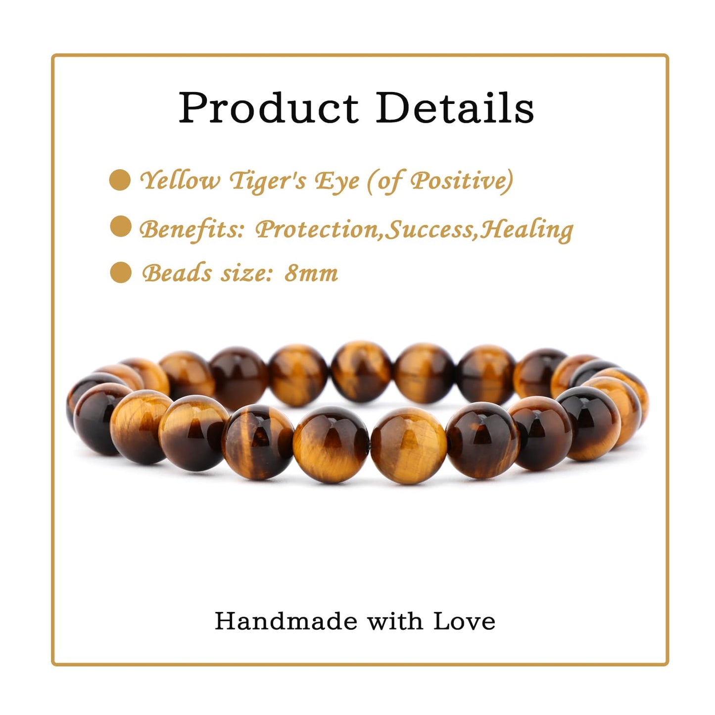 Bymitel 8mm Yellow Tiger's Eye - Handmade Reiki Gemstone Stretch Bracelet, Natural Beauty & Spiritual Essence, Crystal Healing for Unisex Adults