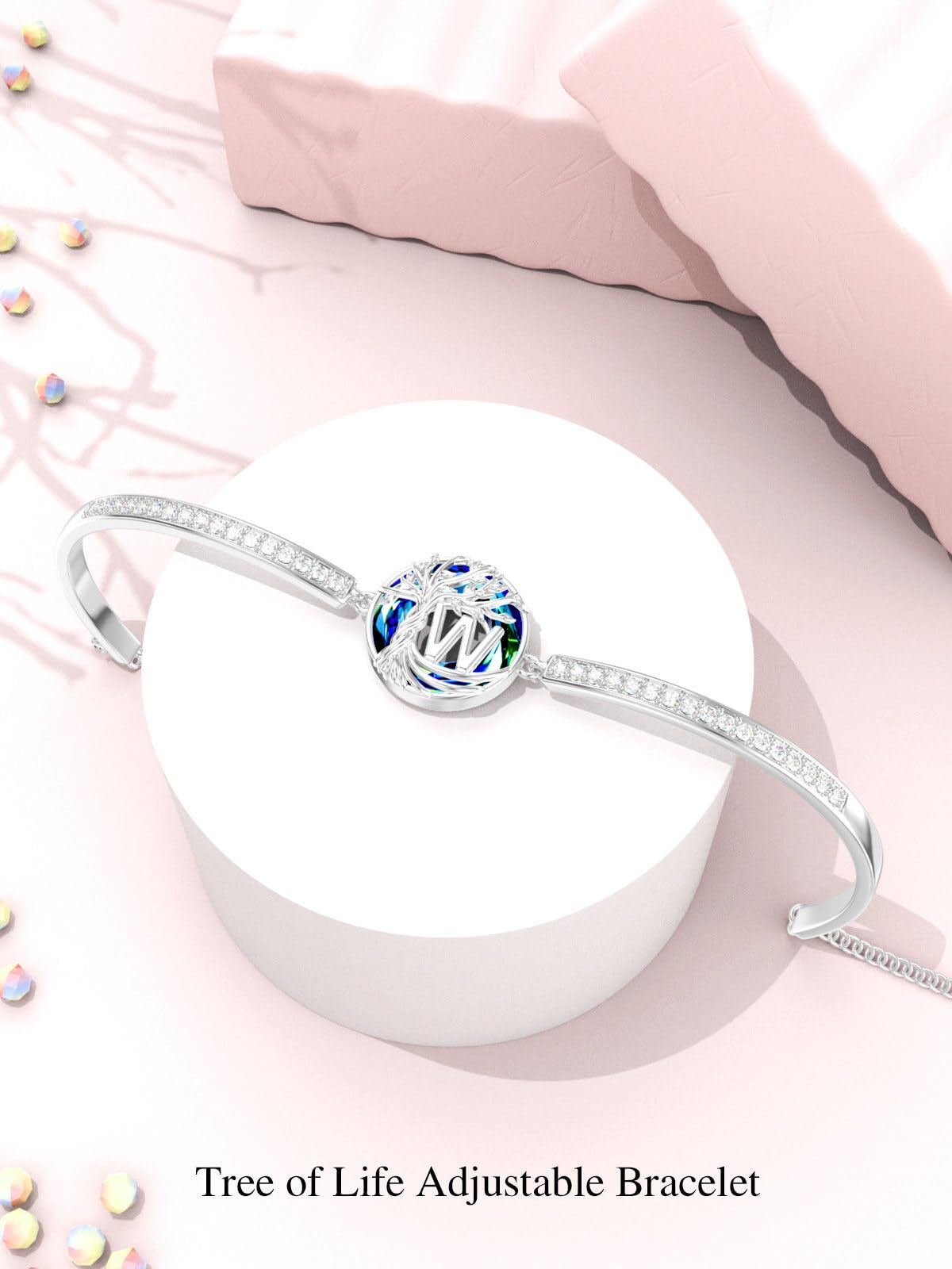 TOUPOP Tree of Life Bracelet Sterling Silver Initial W Letter Bangle Bracelet Family Tree Blue Crystal Jewelry Mothers Day Birthday Gifts for Women Mom Wife