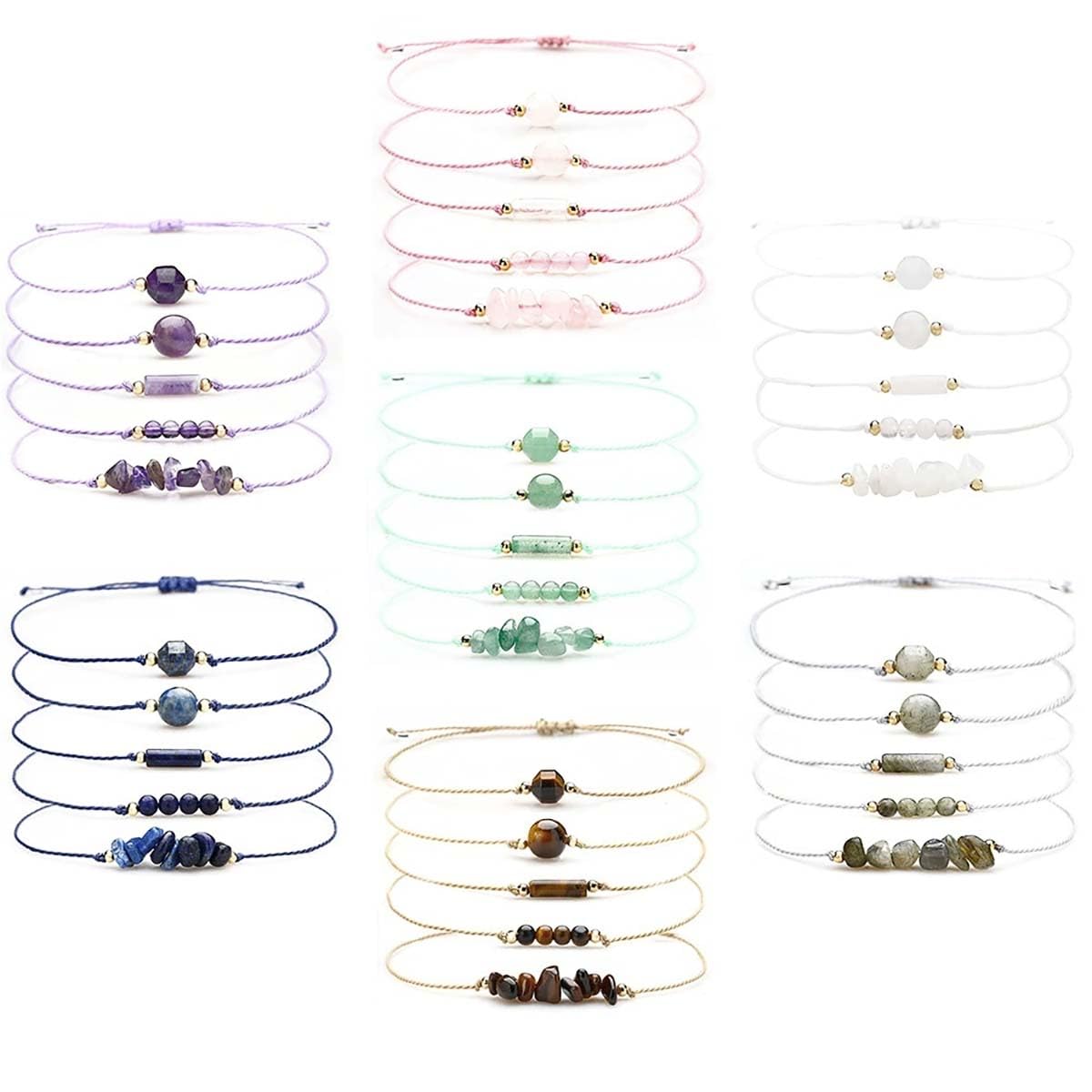 Self-Discovery Mala 5-Piece Natural Gemstone Beaded Bracelet Set for Women - Adjustable Wax Cord Boho Stackables, Healing Crystal Energy (Green Aventurine)