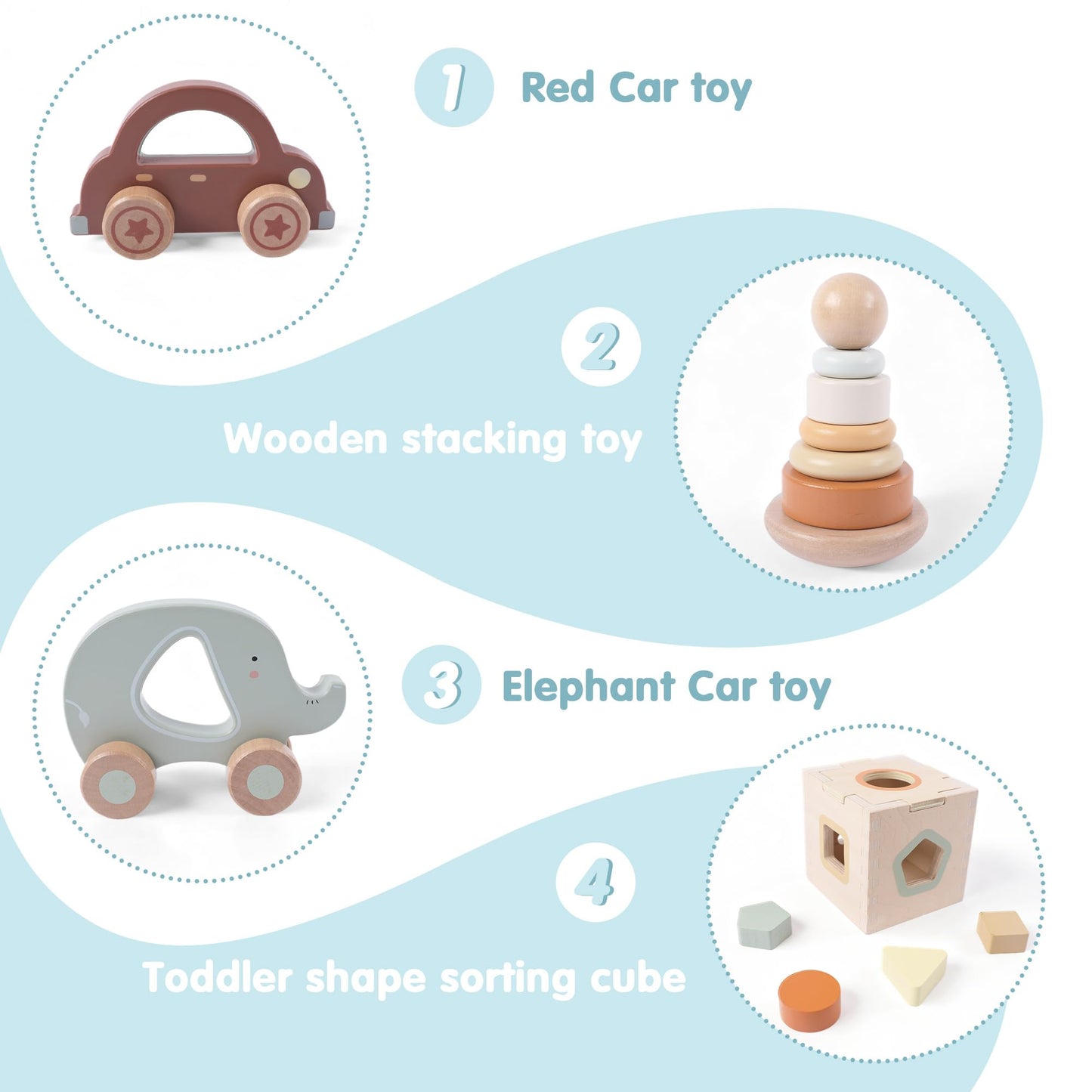 FReniland Wooden Baby Toy Set for 12M+, Montessori Grasping & Stacking Toys, Elephant & Car Sensory Toys, Natural Wood Fine Motor Skill Development Gift for Boys & Girls