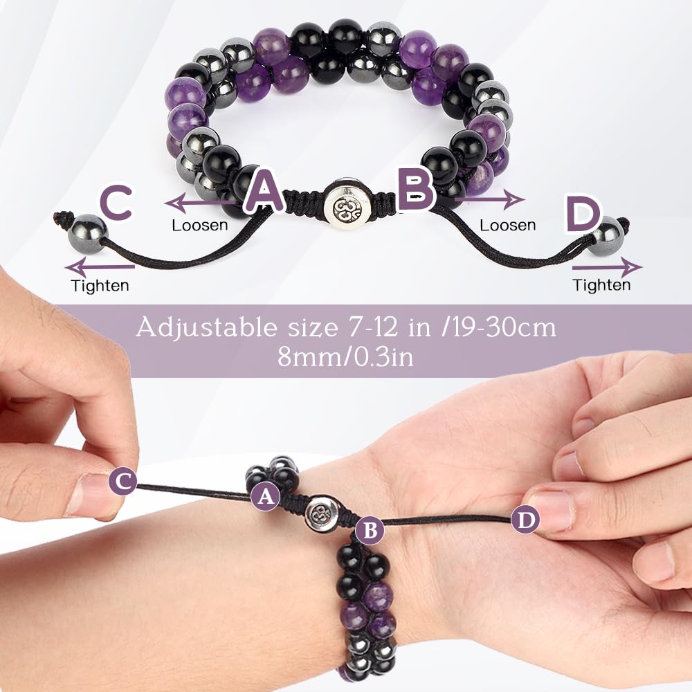 Triple Protection Bracelet - for Protect & Balance - Energy Crystal Bracelets for Men Women - Bring Good Luck & Prosperity - Amethyst Hematite & Black Obsidian Jewelry Natural Stone Healing Bracelet