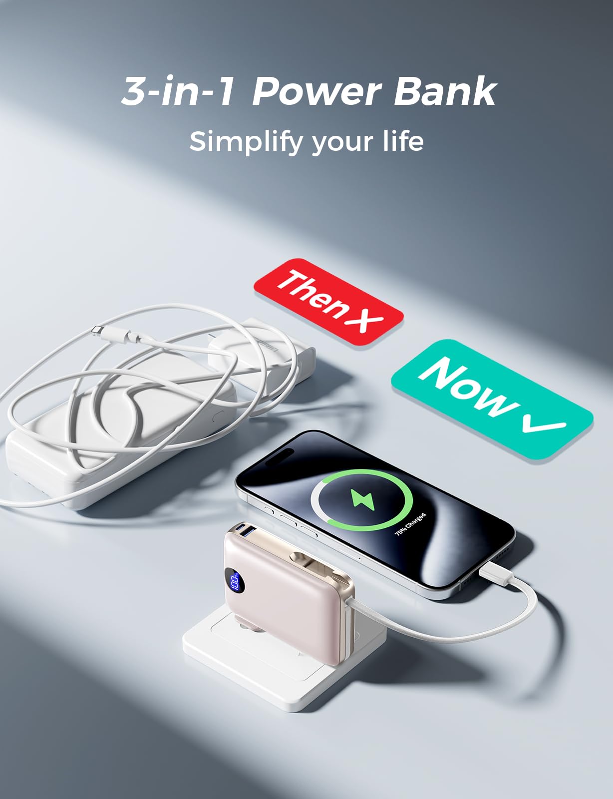 Sucrosey Portable Charger with Built-in Cables & Wall Plug, 10000mAh Power Bank, 4 Outputs 22.5W USB C Fast Charging, Slim Travel Battery Pack with LED Display for iPhone 17/16/15/14, Rosegold