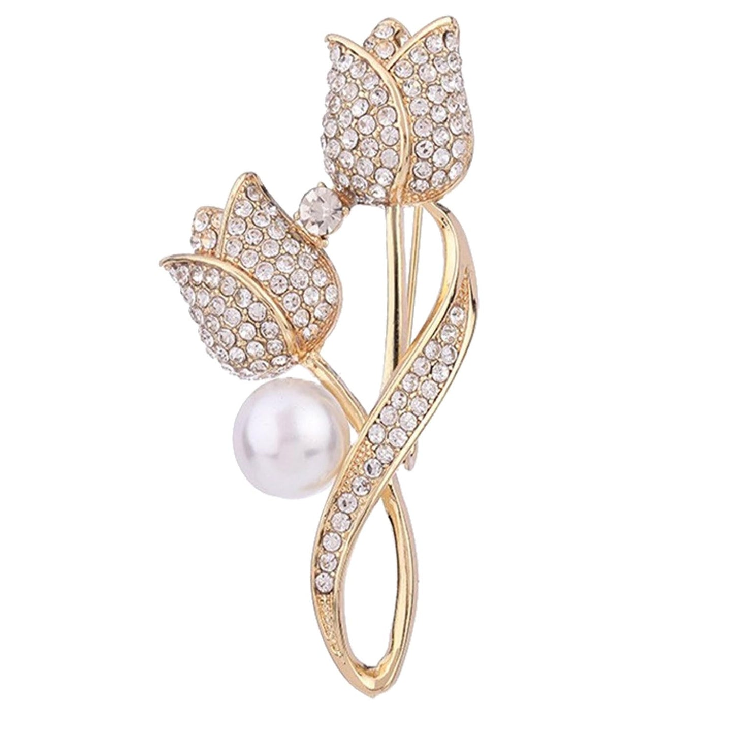 Tulip Flower Crystal Brooches Pins Fashion Beautiful Created Rhinestone Pearl Floral Brooch Good Idea for Party Dance Wedding Banquet for Elegant Women Girl (Gold Tulip)