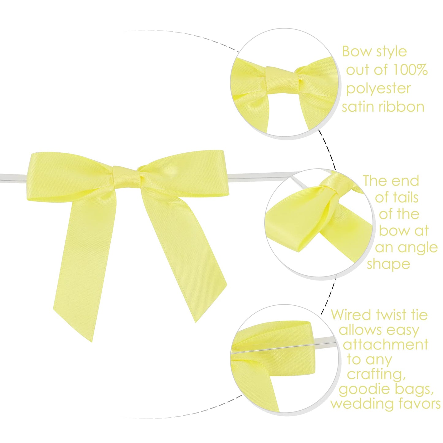 AIMUDI Yellow Bows 2.5" Satin Bows with Twist Tie Premade Craft Bows for Treat Bags Cake Pop Gift Wrapping Basket Wedding Favors Cookie Candy Bagging Baby Shower - 50 Counts
