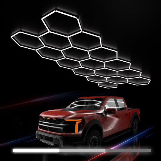 Litezone Hexagon Garage Lights : 3 Level Dimmable 476W Tube 17 Grids Hexagon LED Lights - Easy Install 6500K Super Bright Hex Lights for Warehouse, Car Detailing Shop, Exhibition Hall, Gym