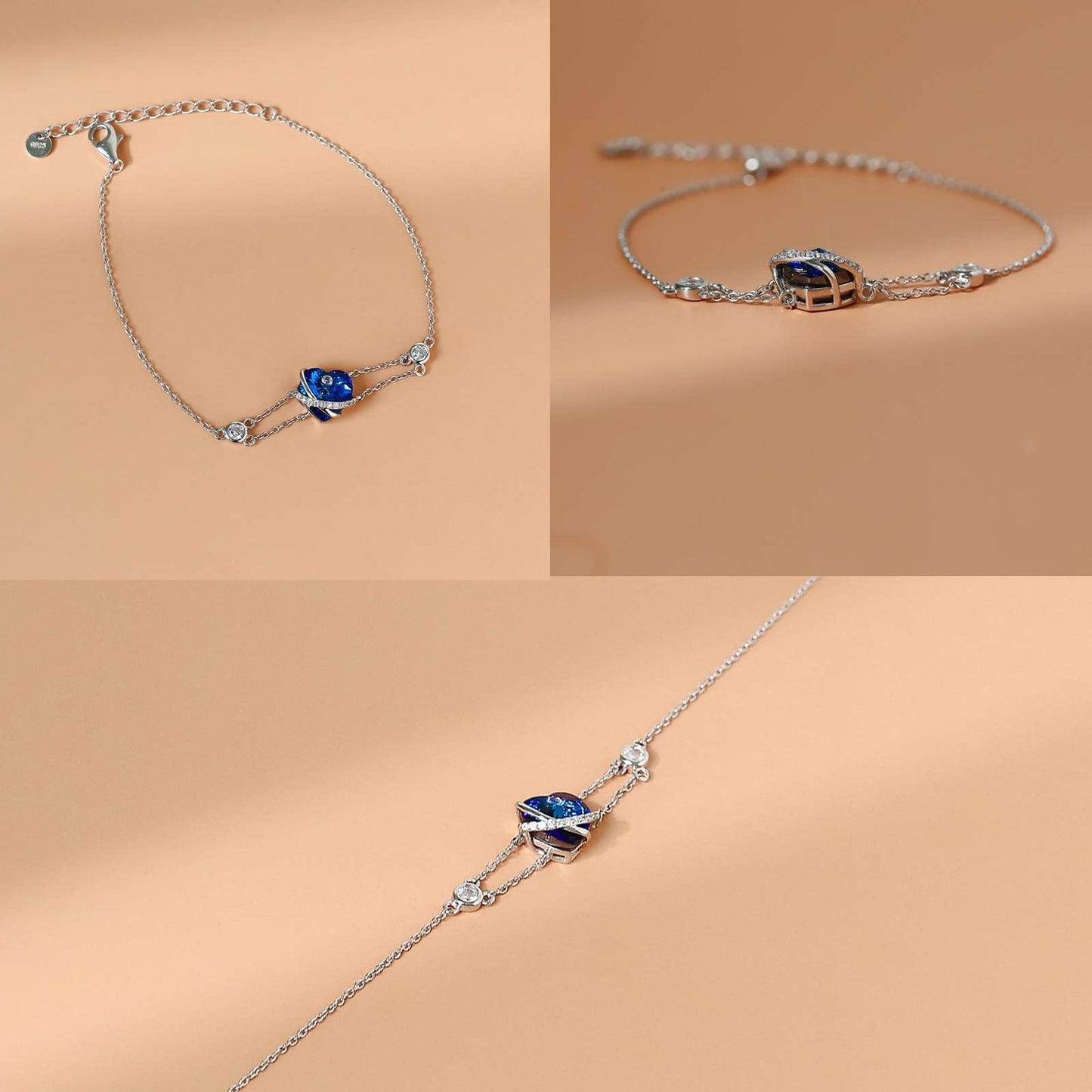 AOBOCO I Love You Jewelry - Sterling Silver Blue Purple Love Heart Bangle Bracelet Embellished with Crystals from Austria, Fine Anniversary Birthday Jewelry Gifts for Women (04 Blue Bracelet)
