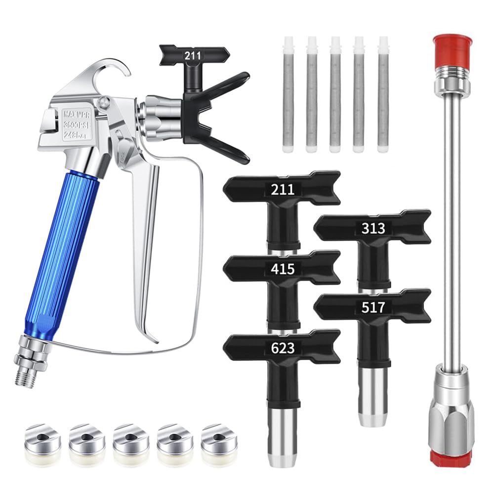 3600 PSI High Airless Paint Sprayer Gun with Nozzle Guard and 5 Spray Nozzle Tips (211, 313, 415, 517, 623) & 5 Airless Paint Sprayer Gun Filters & 8Inch(20CM) Spray Painted Extension Pole