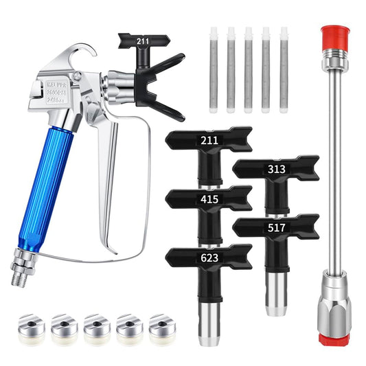 3600 PSI High Airless Paint Sprayer Gun with Nozzle Guard and 5 Spray Nozzle Tips (211, 313, 415, 517, 623) & 5 Airless Paint Sprayer Gun Filters & 8Inch(20CM) Spray Painted Extension Pole
