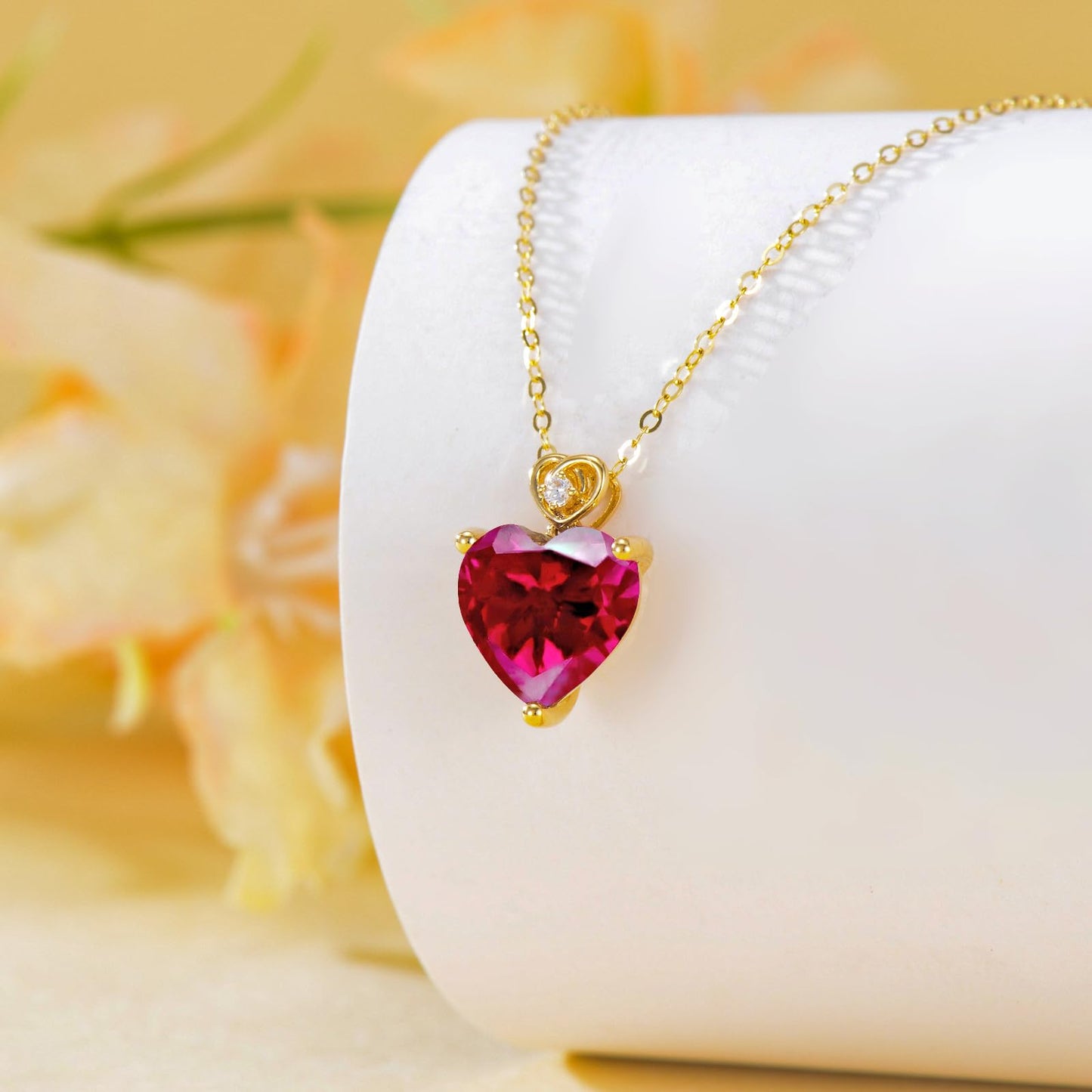 NFYBD 14k Gold Love Heart Red Ruby Birthstone Pendant Necklace for Women 3 Carat Heart-cut Created Gemstone Anniversary Birthday Mother's Day Necklaces for Her 16+1+1 inch-Jul