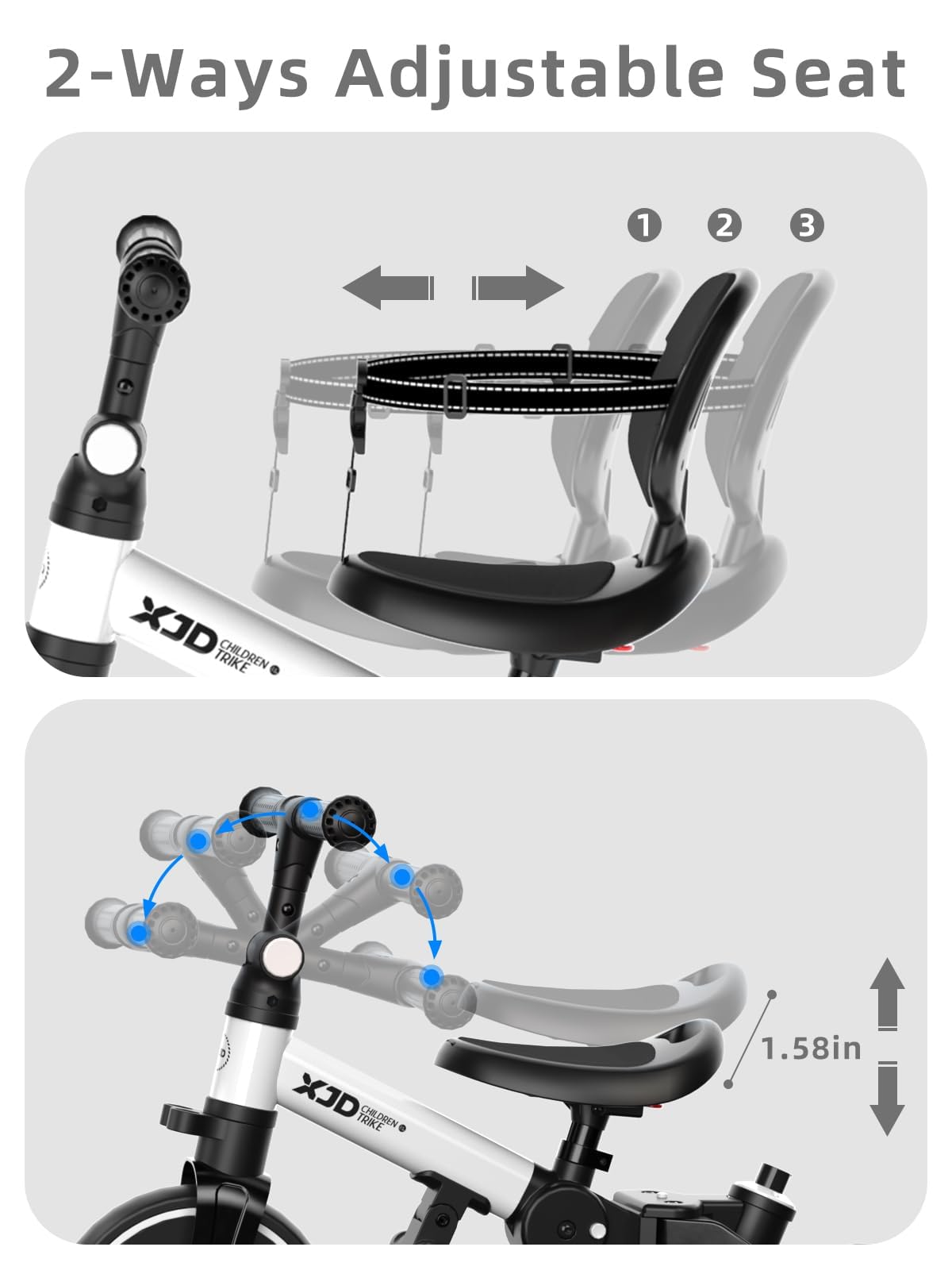 XJD Toddler Bike, 6 in 1 Folding Toddler Tricycle for 1-4 Year Old with Parental Control Handle, Balance Bike with Removable Pedal, Backrest, Adjustable Seat Height, First Birthday Gifts (White)