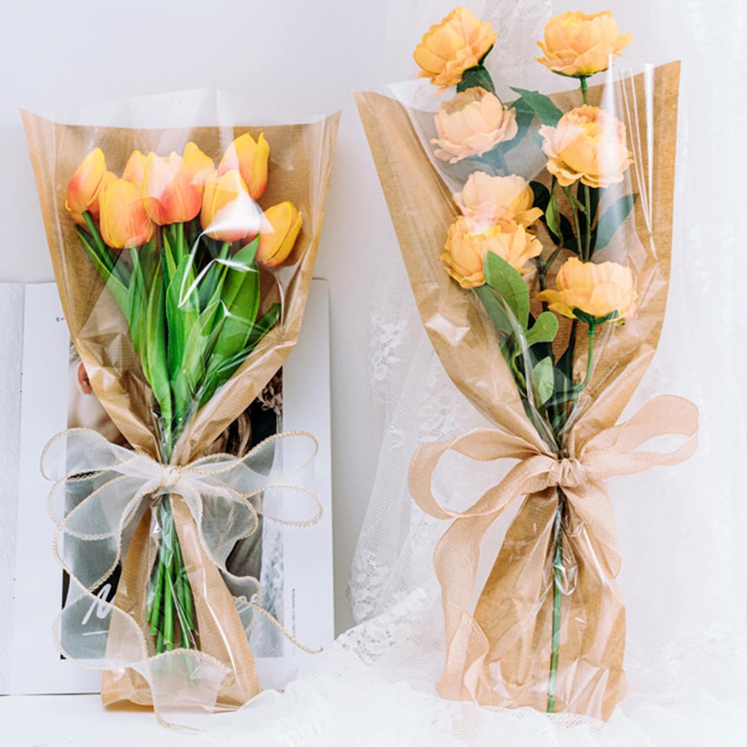 Jutieuo 50 Pcs Flower Bags for Bouquet, Flower Wrapping Kraft Paper Floral Sleeve Bouquet Bags with Ribbons for Florist Supplies Wedding Birthday Mother's Day, 14x22 Inches