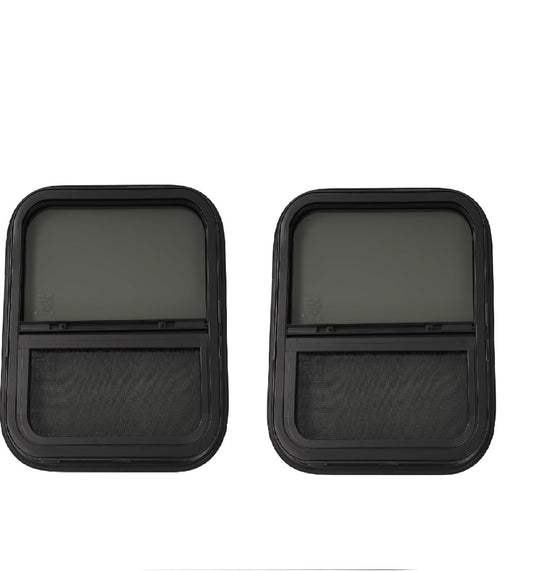 HECASA RV Sliding Window 17.5" X 15.5" w/Mesh Screen & Trim Ring For Vertical Trailers, Motor Homes, Engineering Vehicles Side Window Replacement Tempered Glass Aluminium Black 2Pcs