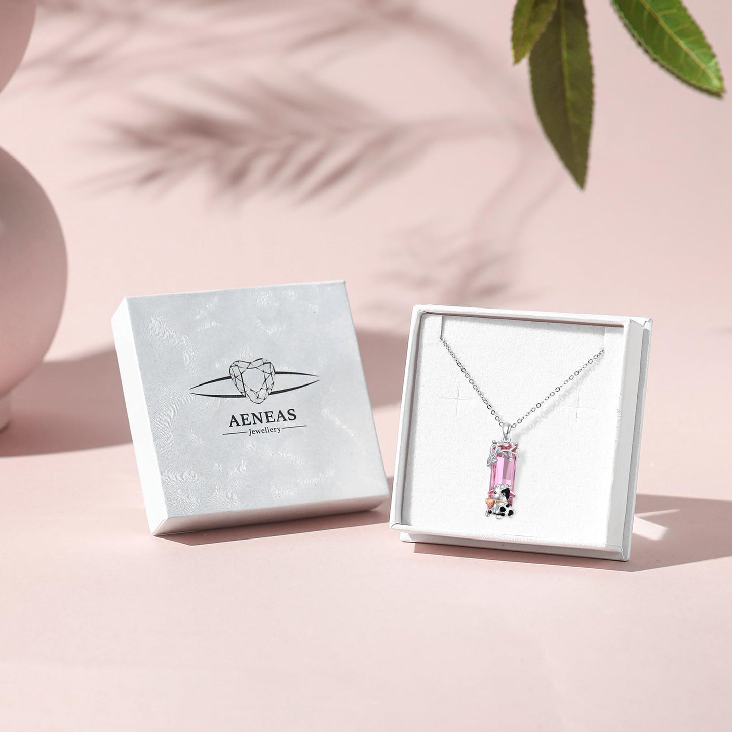 AENEAS Cow Necklace for Women 925 Sterling Silver Cow Pendant Necklace Pink Crystal Jewelry Gift for Women Wife Her