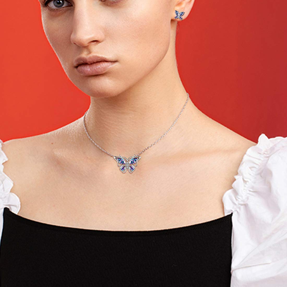Hipunk Butterfly Mystic-Rainbow-Topaz Jewelry Sets Birthstone Women 925 Sterling Silver Fire-Topaz Birth Stone Animal Butterflies Jewelry Sets/Earring Set Crystal Birthday Jewelry SS0001C