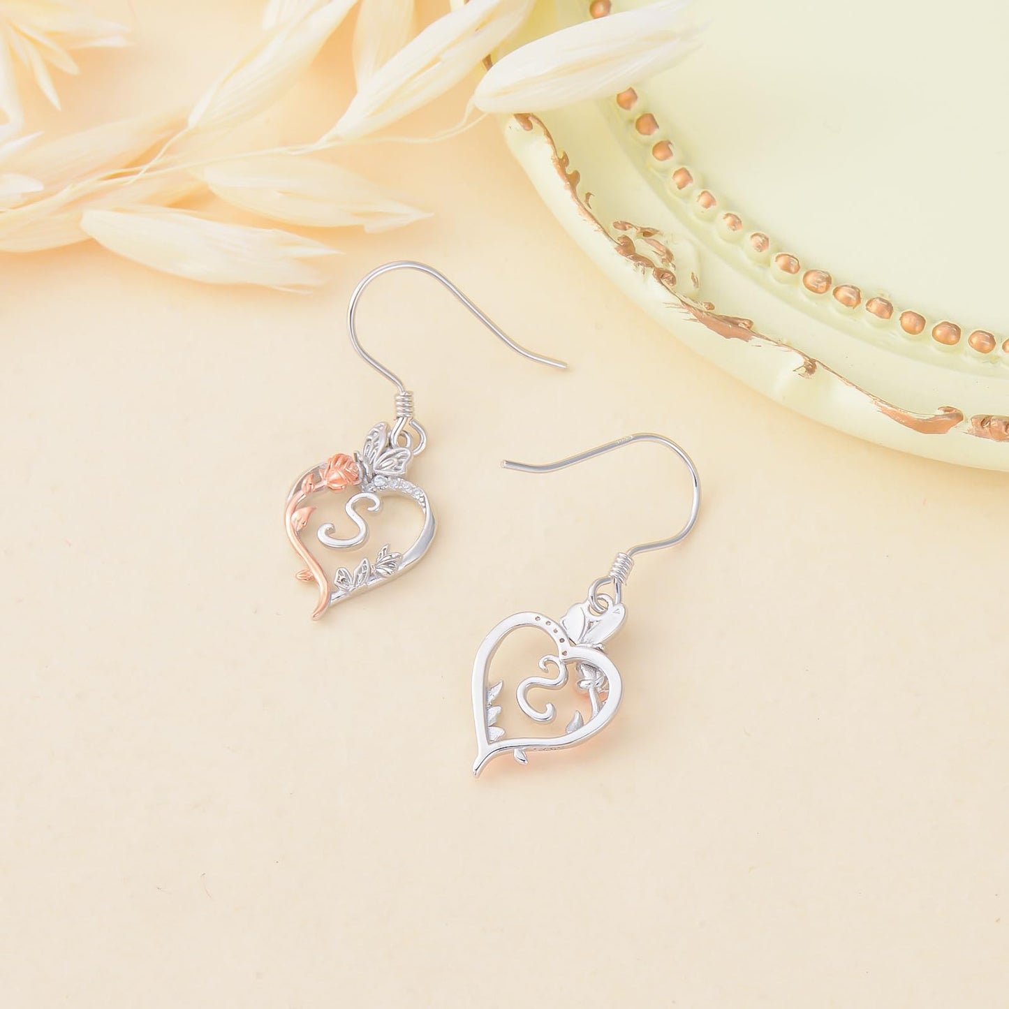 TOUPOP Rose Heart Initial Earrings Sterling Silver Butterfly Earring Initial S Letter Drop Dangle Earrings Jewelry Anniversary Birthday Mothers Day Gifts for Women Mom Wife Girlfriend Her