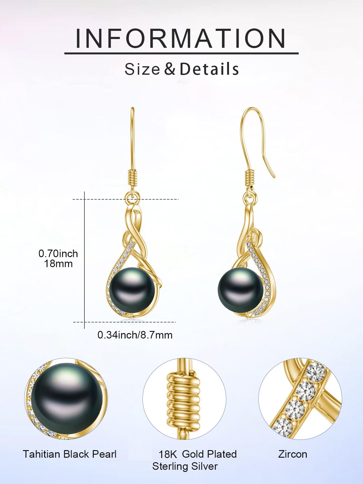 KANNSOAR 925 Sterling Silver 7MM Tahitian Black Pearl Dangle Drop Earrings, 18K Gold Plated, Everyday Infinity Earrings for Women Hypoallergenic Jewelry Gift for Anniversary Birthday Christmas