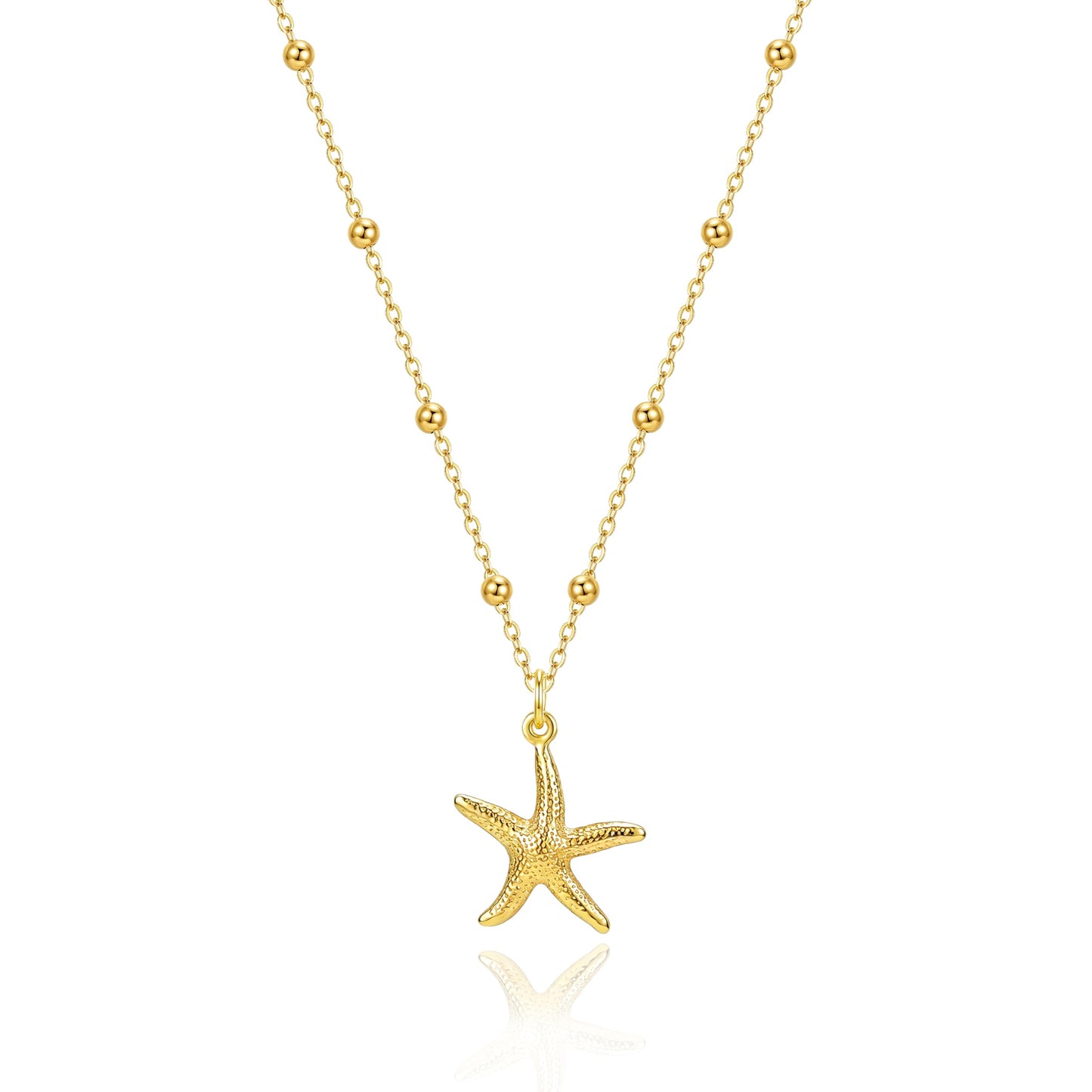 Zeffy Starfish Pendant Necklace for Women, 14K Gold Plated Beaded Chain Necklace, Ocean Beach Jewelry, Dainty Sea Star Charm Necklace for Women