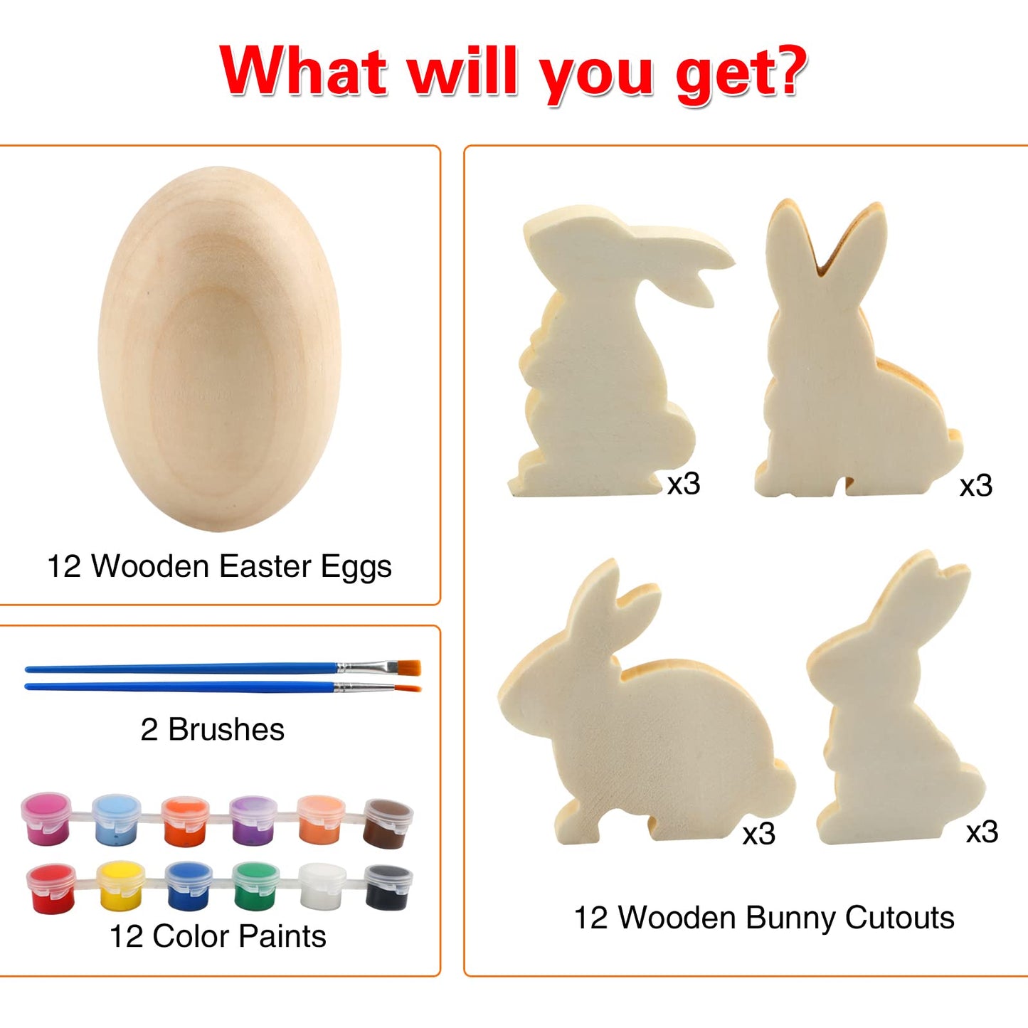 Worgree Easter Egg Painting Kit, 24pcs Wooden Eggs and Bunny for Easter Crafts Basket Stuffers Gifts for Kids Toddlers Boys Girls Ages 4-8 8-12 Birthday Party Favors Classroom Prizes DIY Decor