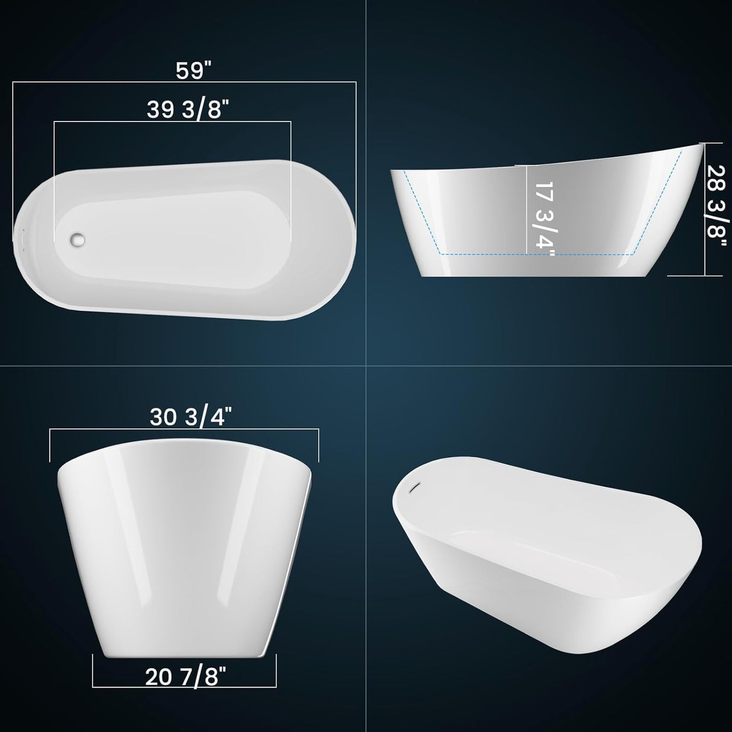 59" Acrylic Freestanding Soaking Bathtub, Free Standing Tub, Stylish Stand Alone Contemporary Soaking Tub with Integrated Overflow and Drain In Chrome, cUPC Certified