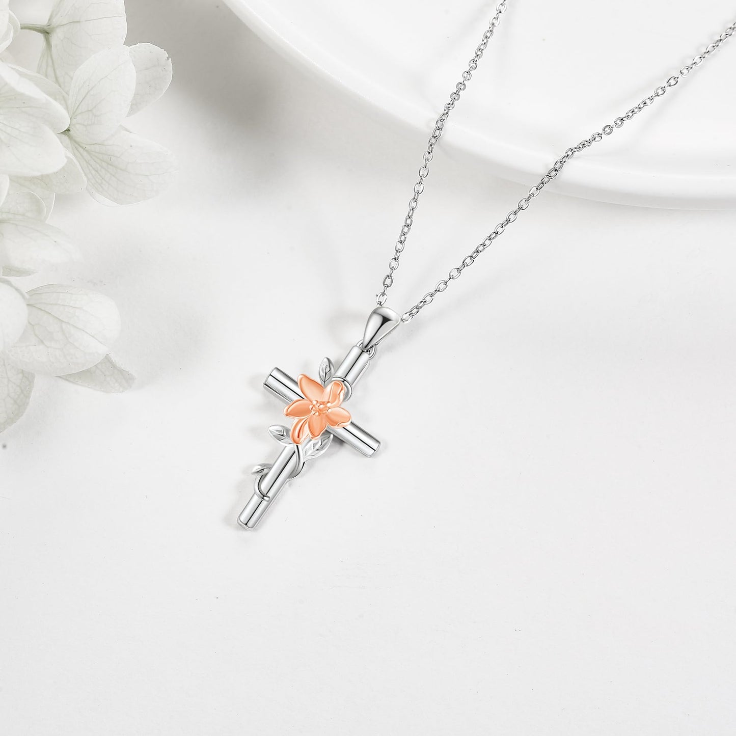 JERWLI Lily Necklace 925 Sterling Silver Lily Cross Pendant Necklace May Birth Flower Jewelry for Women