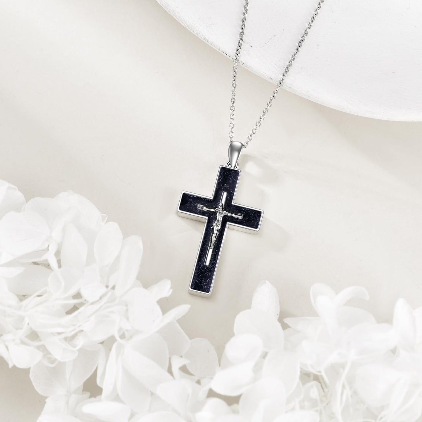 YFN Crucifix Cross Necklace Sterling Silver Jesus Cross Pendant Black Onyx Jewelry Christian Gifts for Women Men