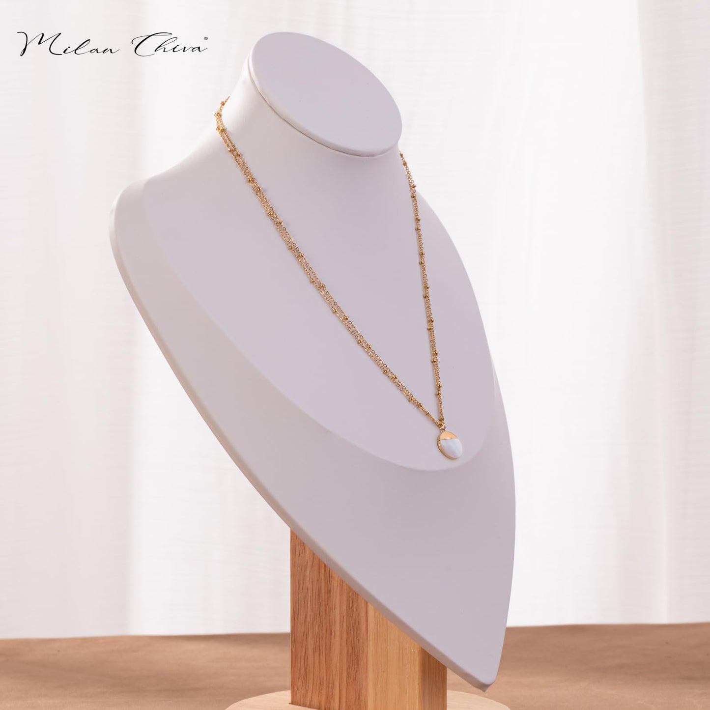 Milan Chiva 14K Gold Plated Grey Mother of Pearl Layered Stacked Necklace for Women, Dainty Trendy Non Tarnish Circle Pendant Charm Necklaces Fashion Jewelry for Women Waterproof MNS-1008GY