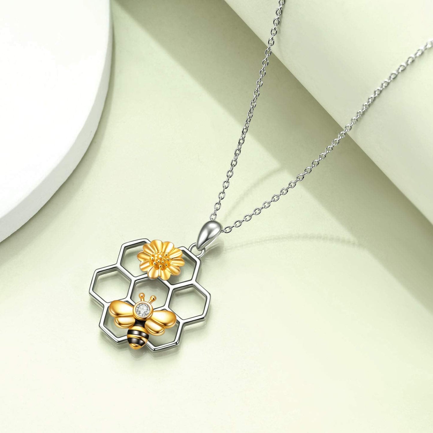 LUHE Bee Necklace 925 Sterling Silver Bumblebee Necklace Honeycomb Cute Flower Pendant Jewelry for Women Christmas Gifts for Her