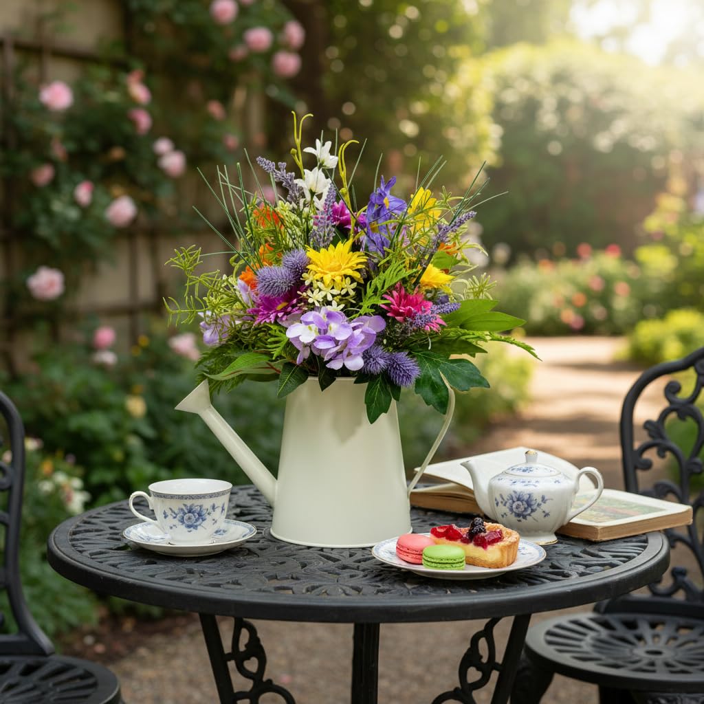 Lnymura 14 Inch Farmhouse Floral Centerpiece in Watering Can, Lighted Spring Summer Wildflower Arrangement with Timer Daisies for Table Decor Home and Kitchen