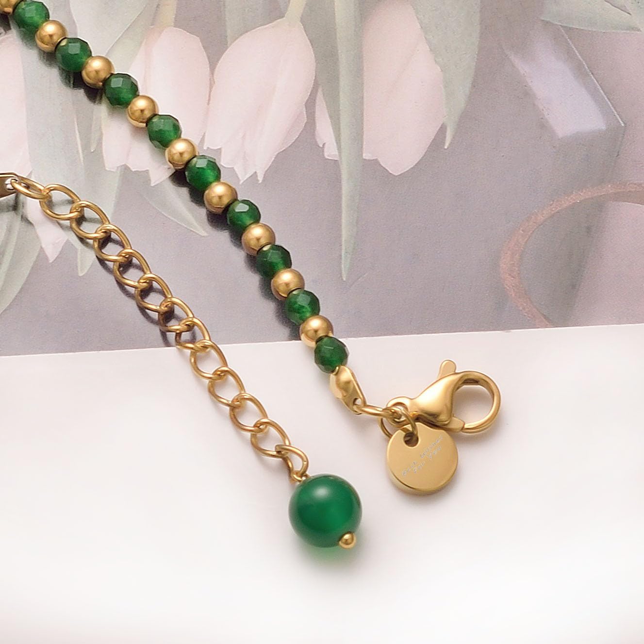 vissen Natural Stone Bracelet for Women Gold Plated Bracelet Beaded Green Agate Stainless steel Adjustable Jewellery