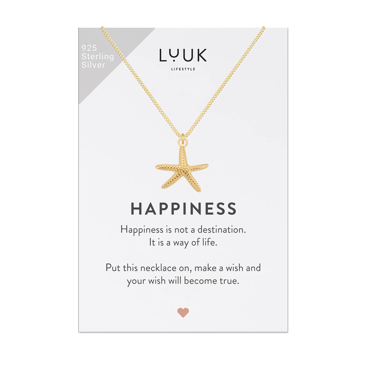 LUUK LIFESTYLE Necklace in 925 sterling silver with starfish pendant, with HAPPINESS gift card, summer and sea pattern, trendy and chic design, beach jewelry, travel charm, 19 inches, gold