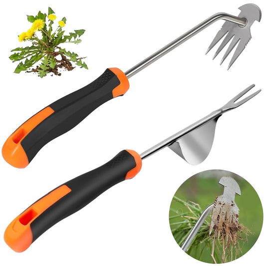 ANGKMA Weed Puller Tool， New Garden Weeder Tool Stainless Steel Hand Weeder Tool,4 Teethes Dual Purpose Weed Remover Tool Weeding Tools for Gardening(2PCS)