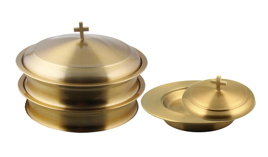 Mayur Exports Communion Ware 2 Holy Wine Serving Trays with A Lid & 1 Stacking Bread Plate with A Lid - Stainless Steel (Brass/Gold)