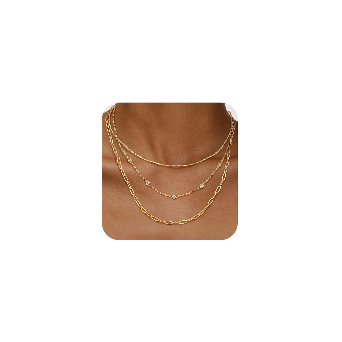Yoosteel Layered 14k Gold Plated Paperclip Necklace for Women,Dainty Thin CZ Chain Box Choker Necklaces Set Stack Trendy Jewelry Gifts for Women