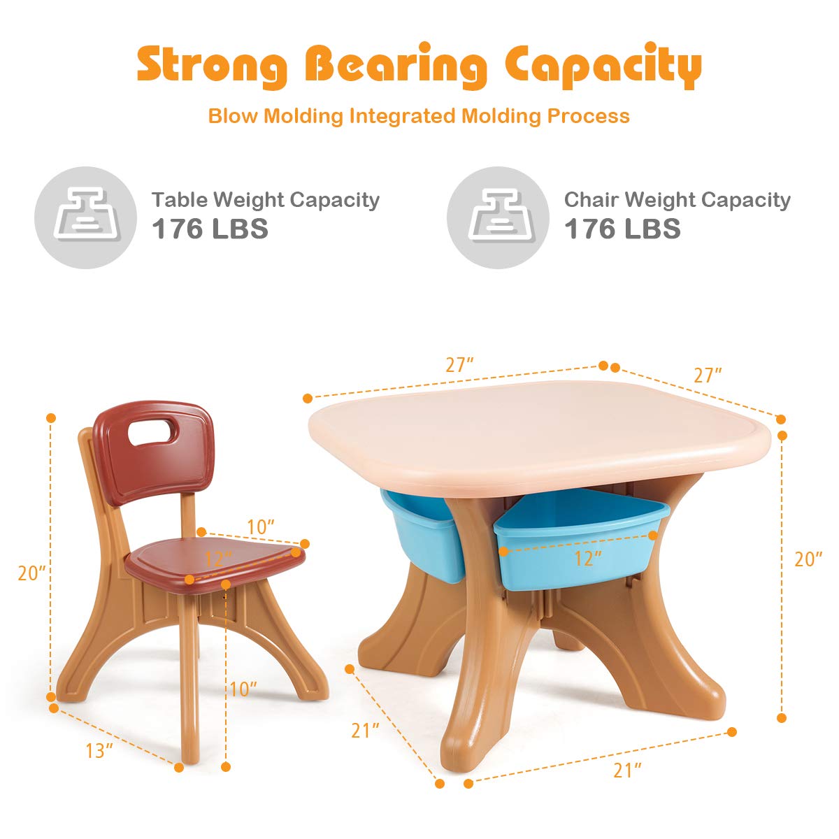 Costzon Kids Table and Chairs, 3 PCS Activity Desk Set w/ 4 Detachable Storage Bins for Indoor Outdoor Play Art Crafts Picnic Patio, Lightweight Toddler Table and Chair Set (Coffee & Blue)