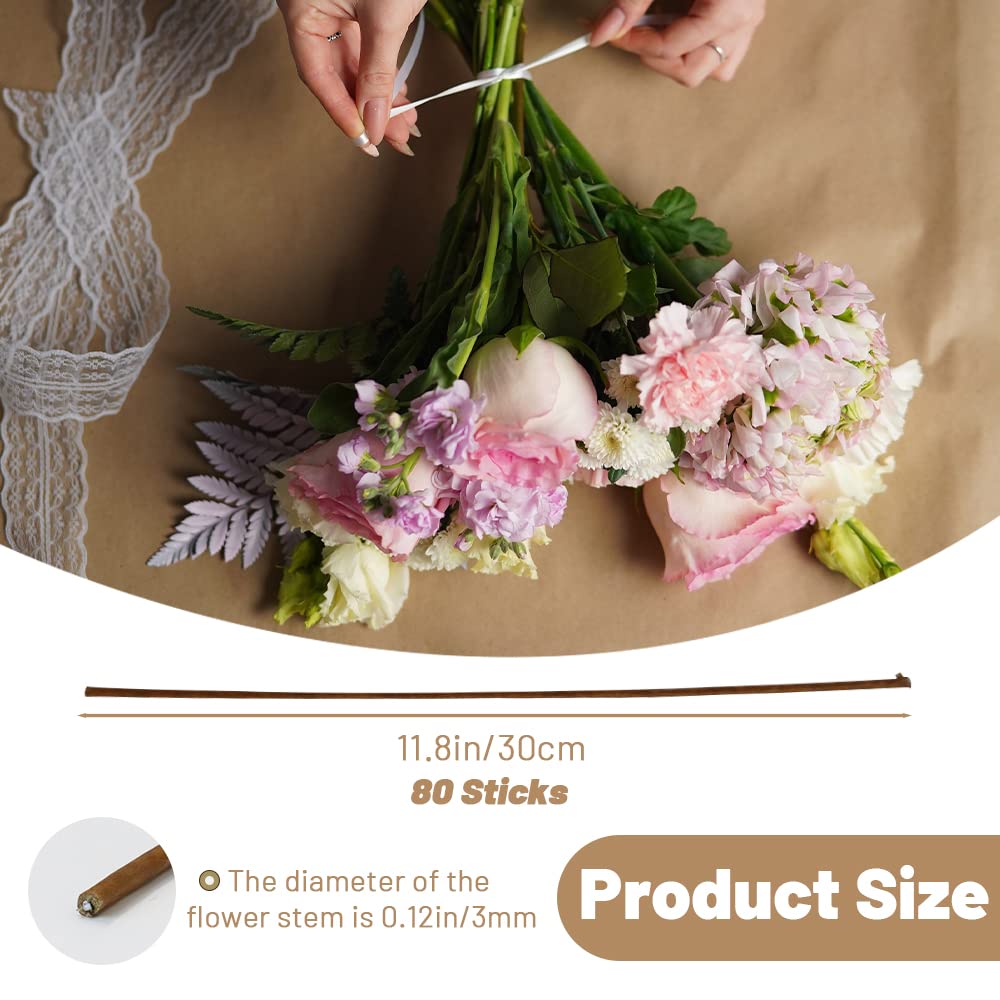 80Pcs Floral Wire, 30cm/11.8in Length 3mm/0.12in Diameter Floral Stems, 18 Gauge Flower Wire Wrapped with Paper, Florist Wire for Artificial Flowers, Wreath, Bouquet (Brown)