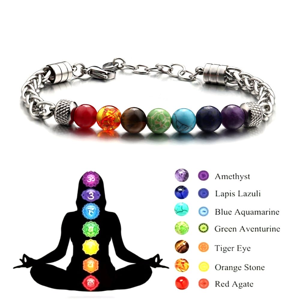 LIU JUN 7 Chakra Bracelet For Men, 8MM Natural Stone Pineapple Beads Stainless Steel Adjustable Silver Cuban Link Chain Handmade Power Healing Gift Jewelry (7 Chakra)