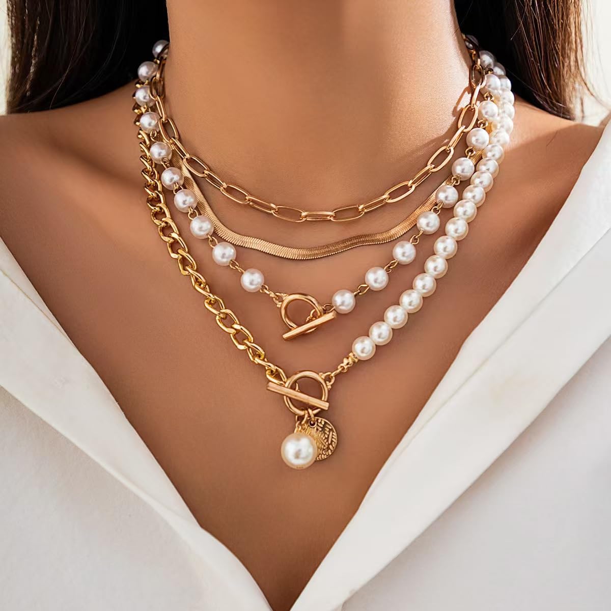 4 PCS Layered Gold Necklace for Women Chunky Gold Necklace Stack Paperclip Chain Pearl Necklace Herringbone Choker Necklace Fashion Jewelry Gifts