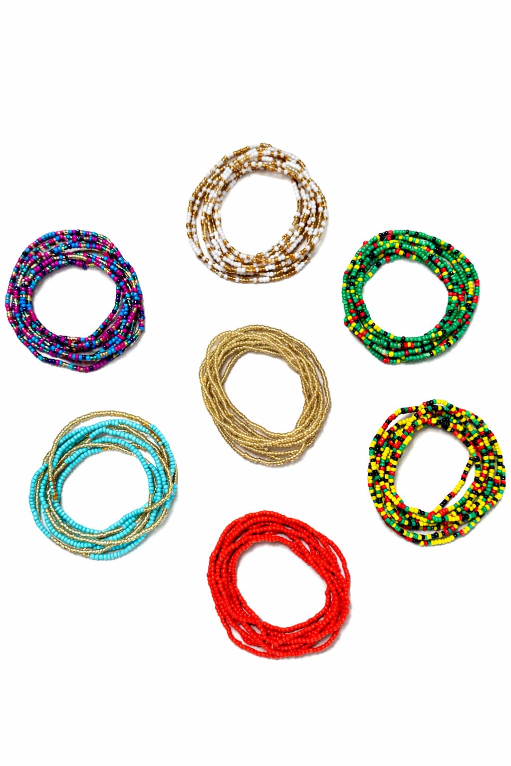 Cuisine228 African Waist Beads Chain – Stretchy Elastic Belly Body Chain, 7 Pack Beach Waist Jewelry Body Accessories for Women (35 inches)