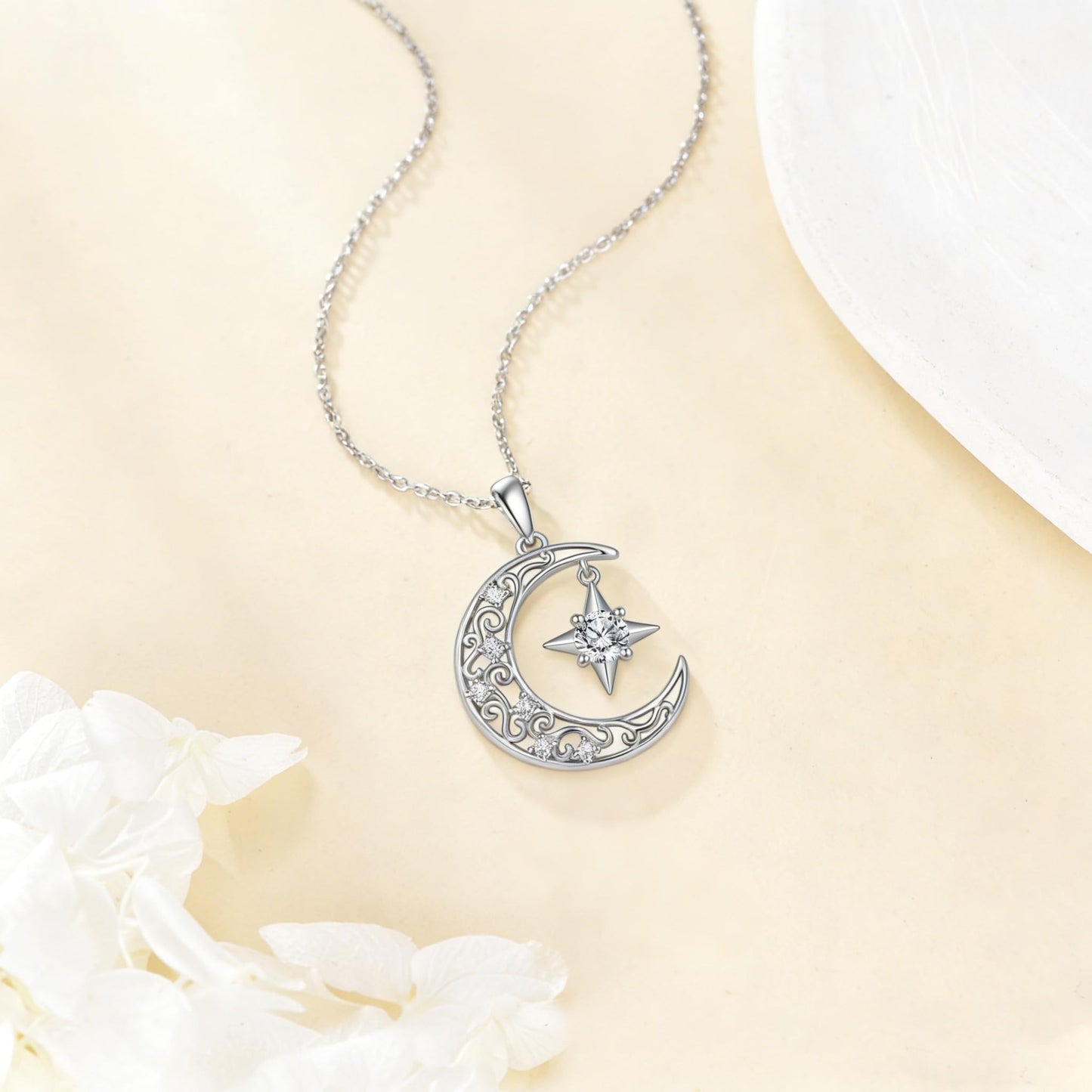 SOACAE Moissanite Moon and Star Necklace 925 Sterling Silver 0.3ct Lab Created Moissanite Moon Phase Pendant North Star Jewelry Gift for Women