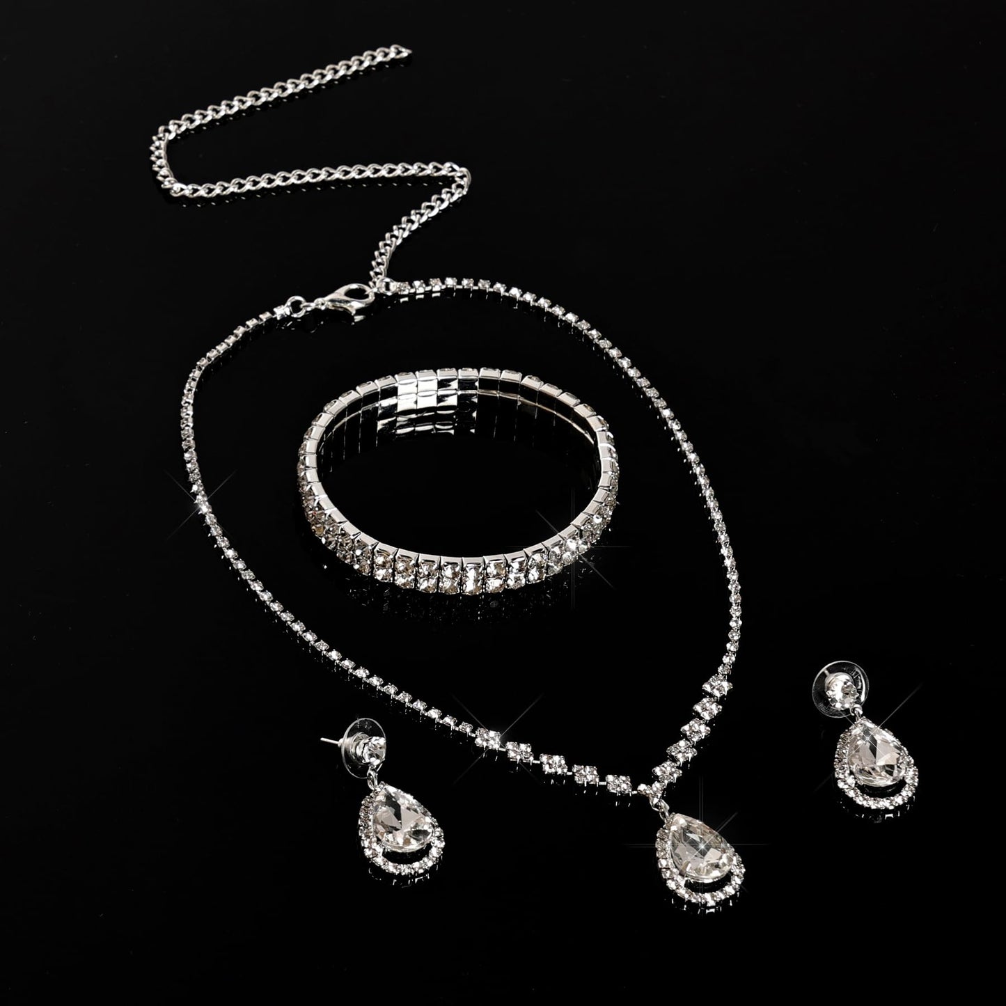 Jmkcoz Women Jewelry Set Silver Necklace Earrings Bracelet Rhinestone Crystal Bridal Wedding Jewelry Sets for Brides Bridesmaid Wedding Party (Style 3)