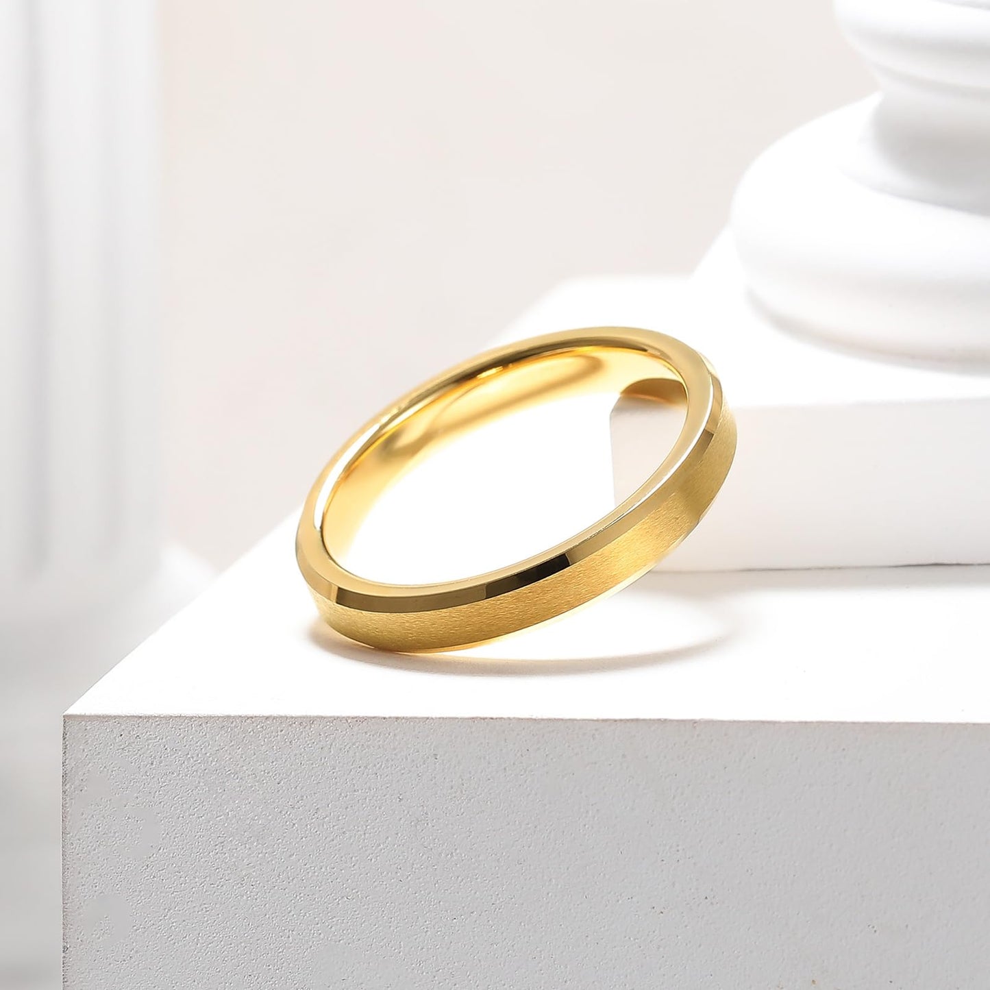 King Will 4mm Gold Tungsten Wedding Band Basic Wedding Ring For Men with Brushed Matte Surface Beveled Polished Edge Comfort Fit 9.5