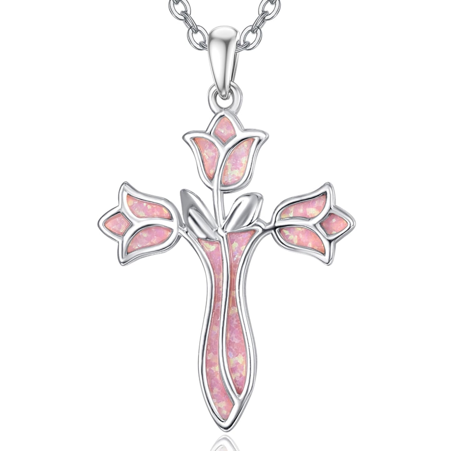 Dreamboat Opal Cross Necklace for Women Sterling Silver Cross Pendant Christian Necklace Tulip Rose Pink Opal Faith Confirmation Gifts Religious Jewelry for Mom
