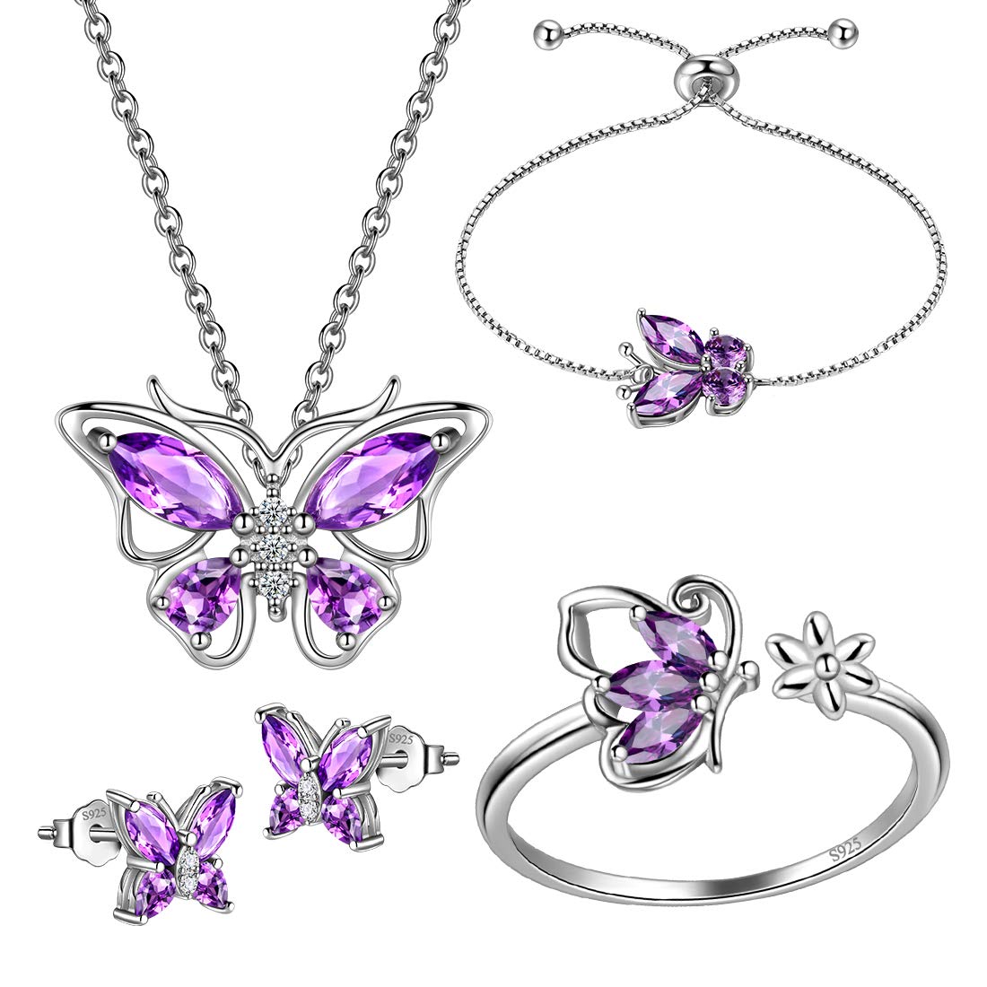 Hipunk Butterfly Purple Jewelry Sets Birthstone Women 925 Sterling Silver Februsry-Amethyst Birth Stone Animal Butterflies Jewelry Sets/Earring/Ring/Bracelet Set Crystal Birthday Jewelry SS0003F